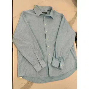 Kenneth Cole Reaction Dress Shirt MensXL 17-17.5 Long Sleeve Blue Gingham Cotton